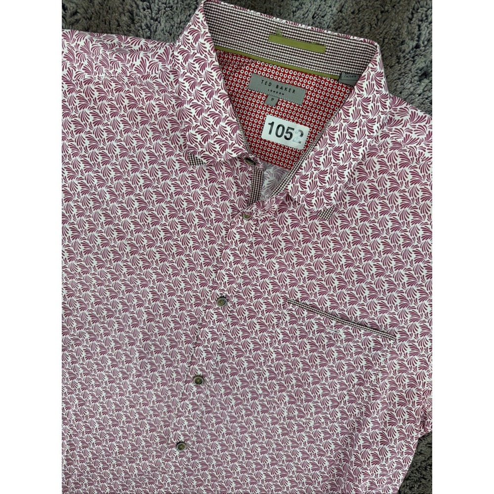Ted Baker London Men's Shirt Red Patterned Short Sleeve  Size 5 Large